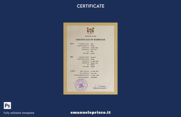 modello PSD di certificato di matrimonio Fiji in stile verificato